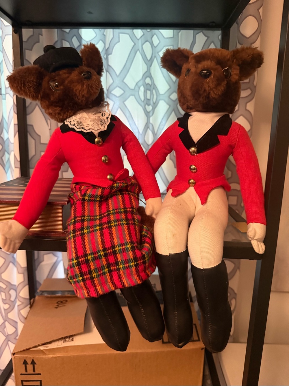 vintage plush Mr. and Mrs. Fox equestrian shelf-sitter dolls by Hanfords inc